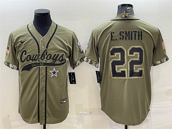 Men's Dallas Cowboys #22 Emmitt Smith Olive 2022 Salute to Service Cool Base Stitched Baseball Jersey - Click Image to Close